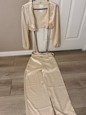 Pale Gold Satin Wide-Leg Pants & Cropped Set